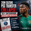 Zion Suzuki with PSG logo, highlighting transfer collapse over entourage demands like salary, playing time, and image rights.