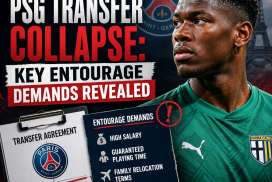 Zion Suzuki with PSG logo, highlighting transfer collapse over entourage demands like salary, playing time, and image rights.