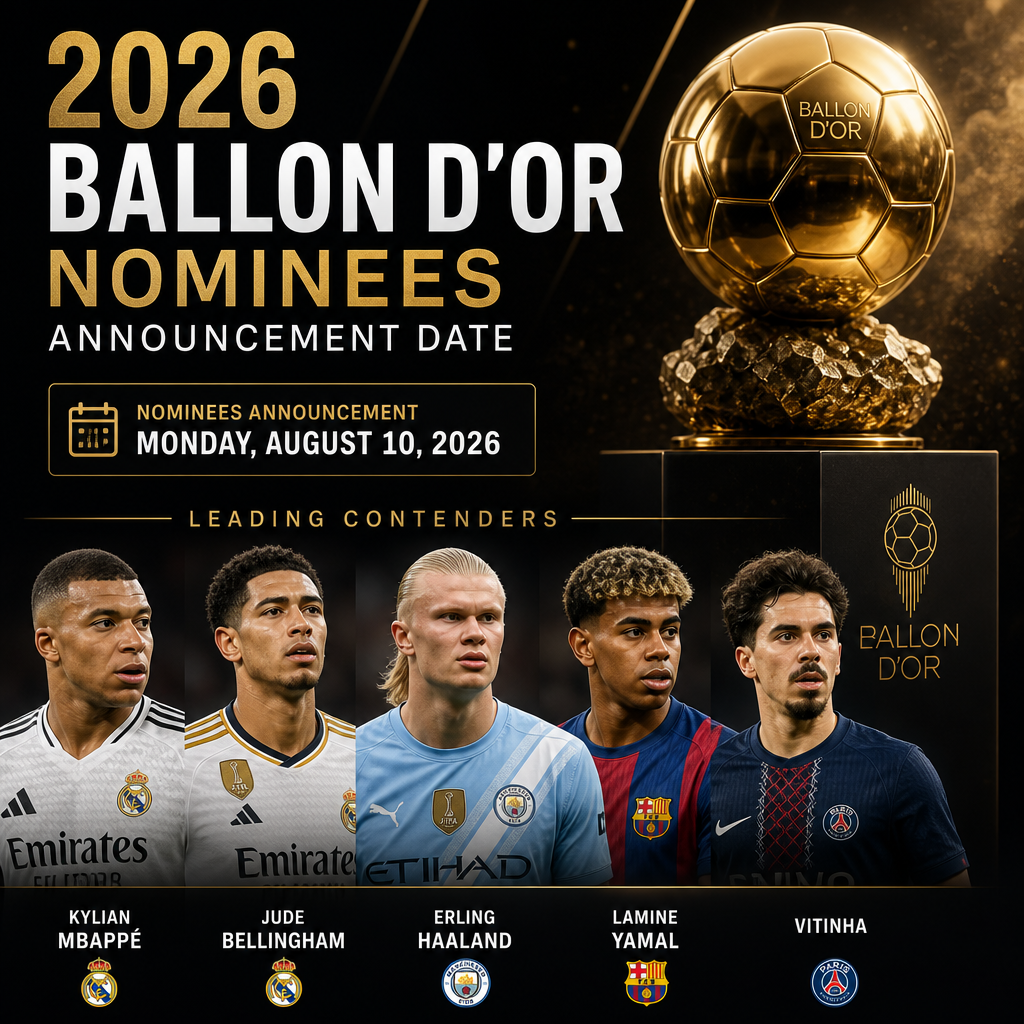 2026 Ballon d'Or nominees Kylian Mbappé, Jude Bellingham, Erling Haaland, Lamine Yamal, and Vitinha posing together.