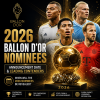 2026 Ballon d’Or nominees with their photos and key achievements listed on a stylish orange and black background.