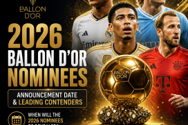 2026 Ballon d’Or nominees with their photos and key achievements listed on a stylish orange and black background.