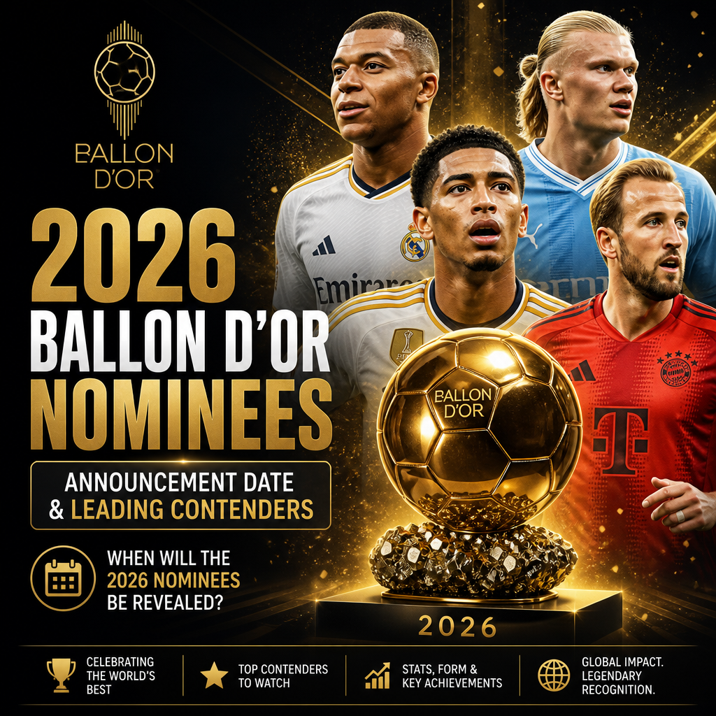 2026 Ballon d’Or nominees with their photos and key achievements listed on a stylish orange and black background.