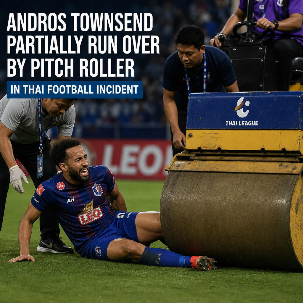 Andros Townsend lying on the ground after being partially run over by a pitch roller during a Thai football match.
