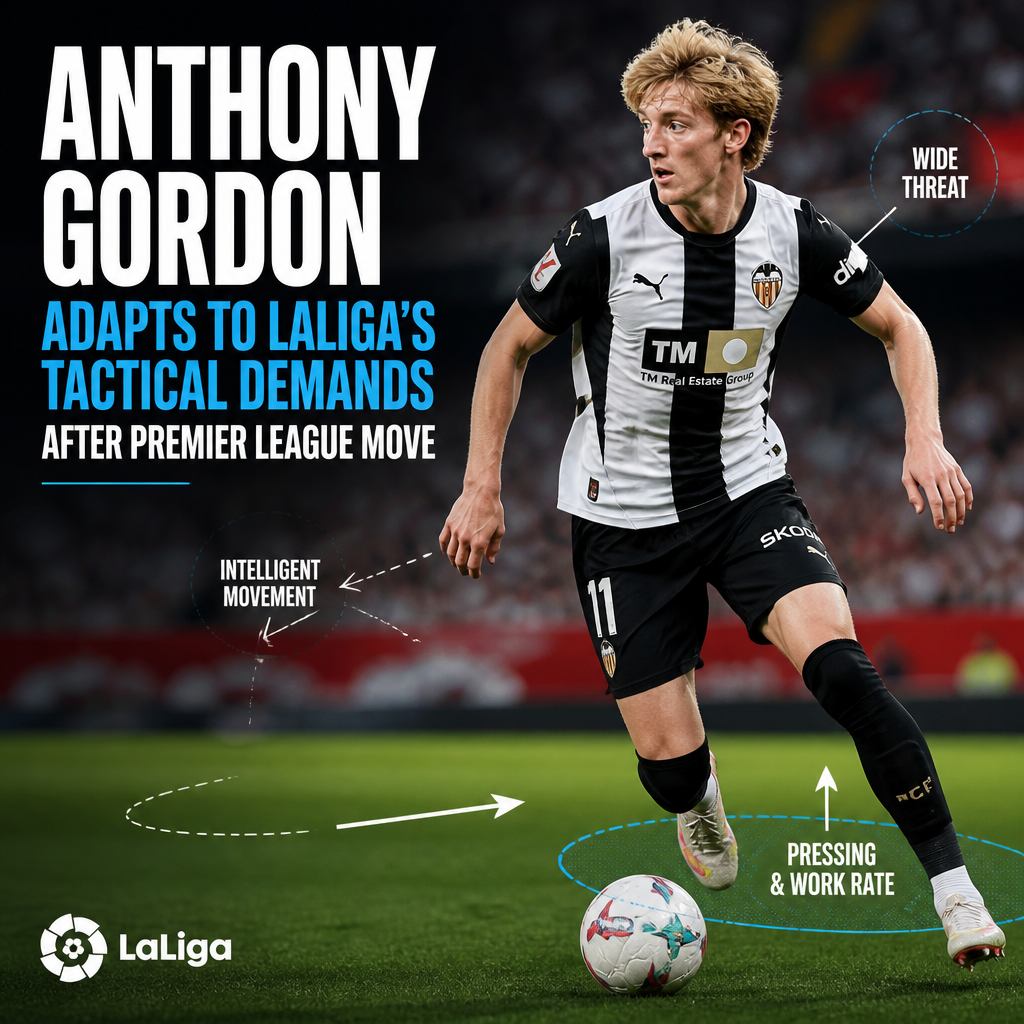 Anthony Gordon in action on the soccer field, demonstrating tactical awareness and wide attacking play in LaLiga.