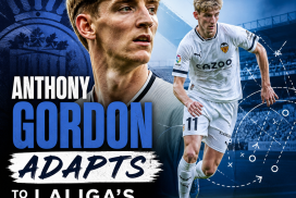 Anthony Gordon in action on the soccer field, adapting to tactical demands in a LaLiga match.