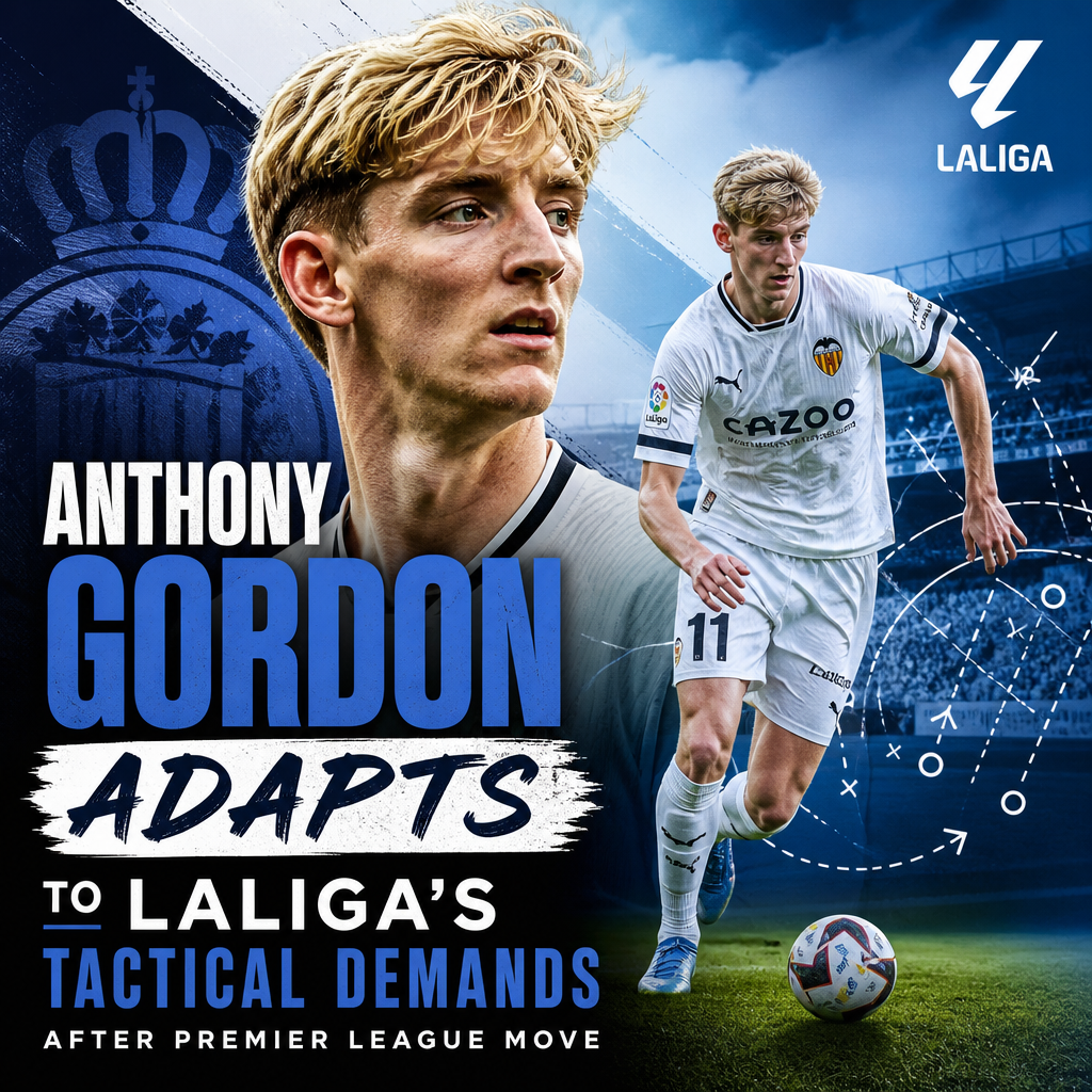 Anthony Gordon in action on the soccer field, adapting to tactical demands in a LaLiga match.