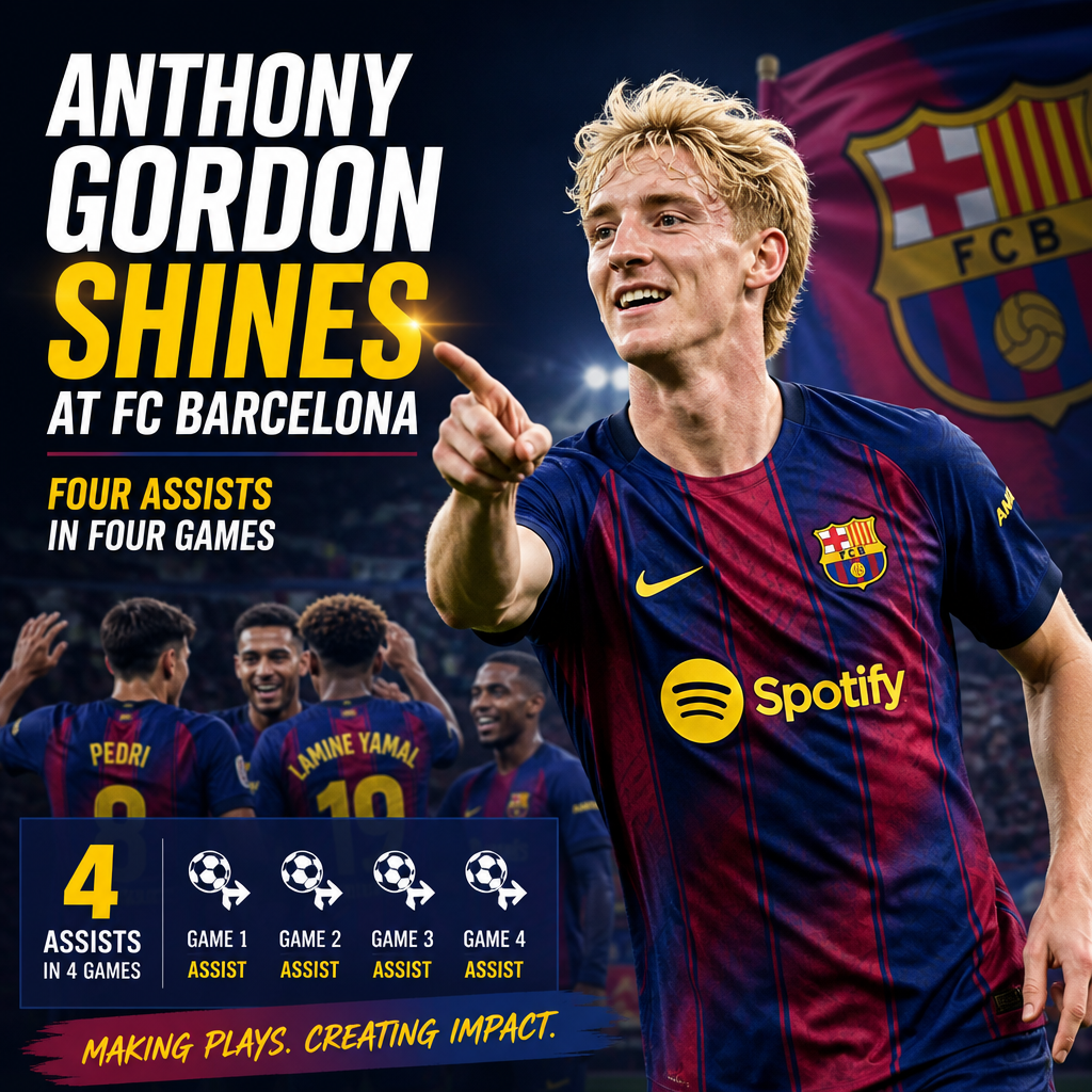 Anthony Gordon celebrating a goal wearing FC Barcelona kit, smiling with arms outstretched on the pitch.
