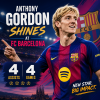 Anthony Gordon celebrating on the field in an FC Barcelona jersey after providing four assists in four games.