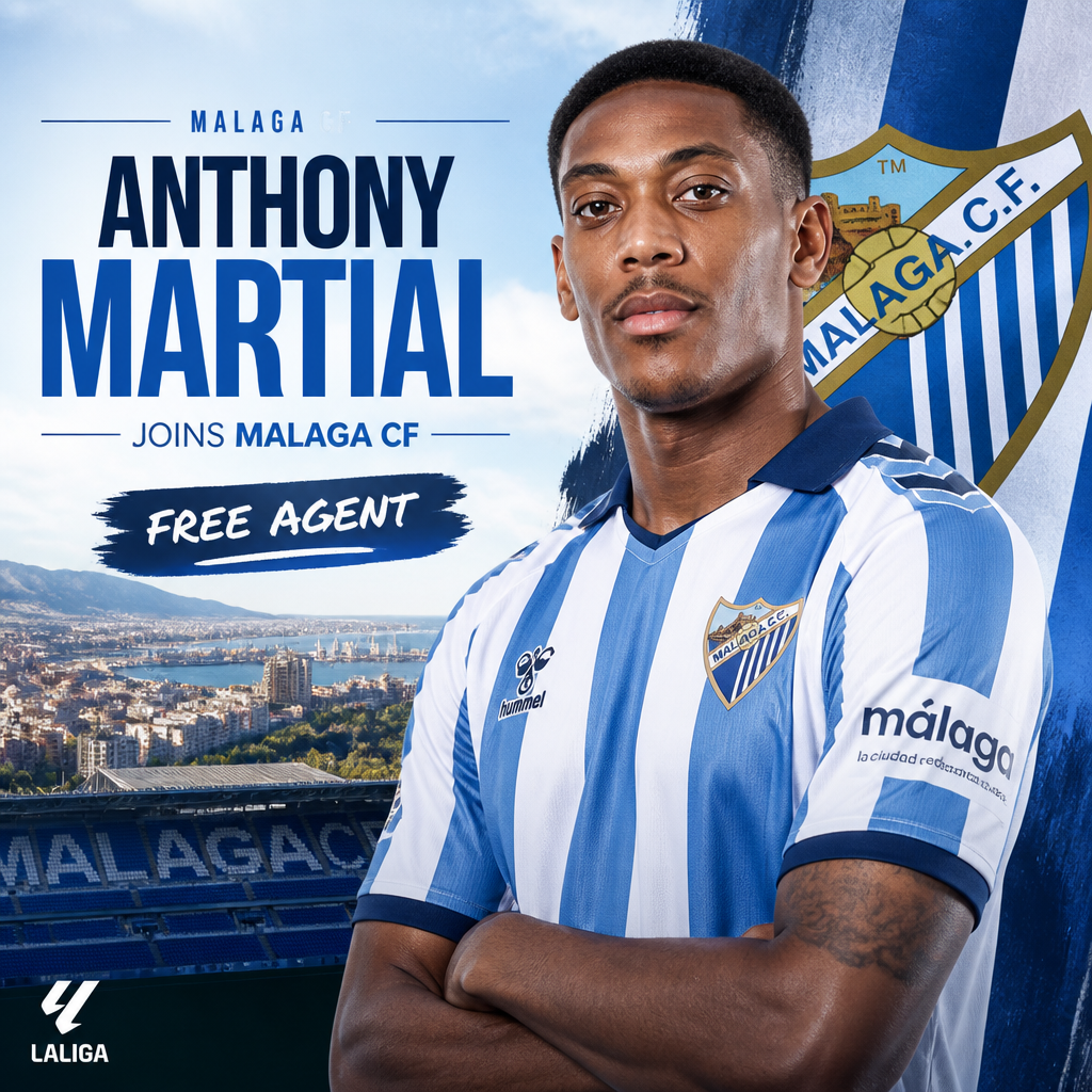 Anthony Martial wearing Malaga CF jersey, standing on the pitch during a match in La Liga.