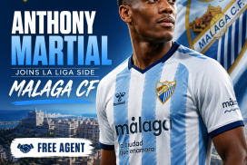 Anthony Martial in Malaga CF jersey celebrating on the football field after joining as a free agent.