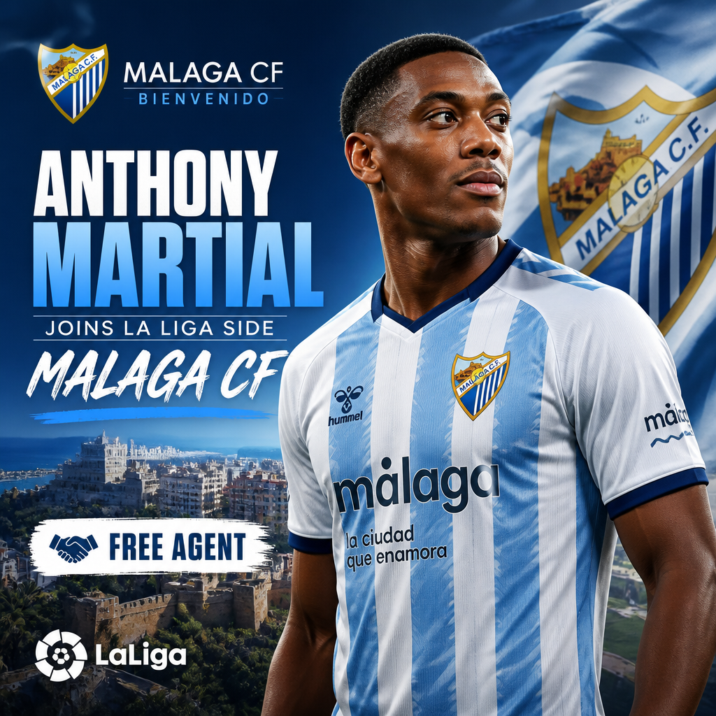 Anthony Martial in Malaga CF jersey celebrating on the football field after joining as a free agent.