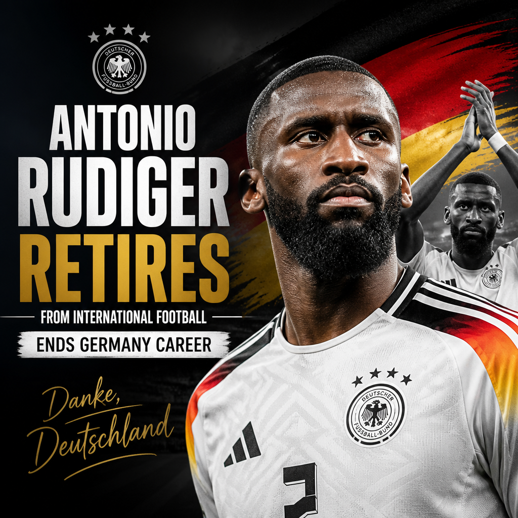 Antonio Rudiger speaking at a press conference, announcing his retirement from international football with Germany.