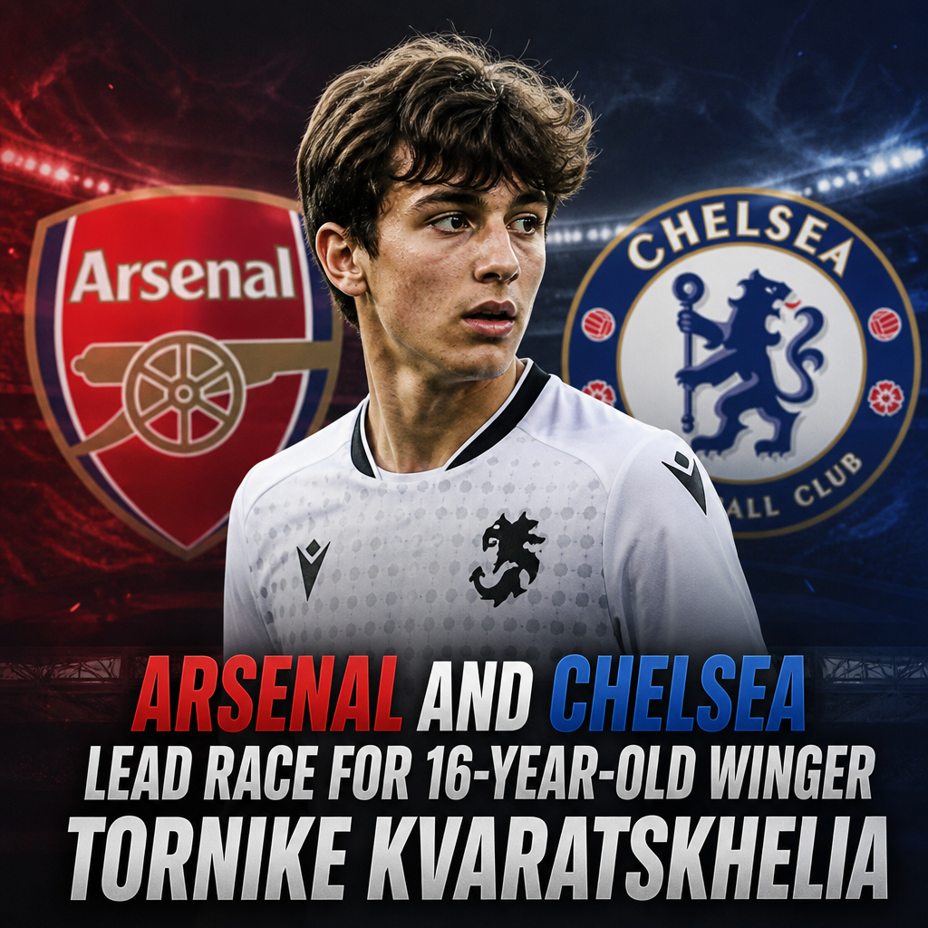 Arsenal and Chelsea logos with a silhouette of a young male soccer player in action.