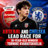 Two young soccer players compete on the field, representing Arsenal and Chelsea football clubs.