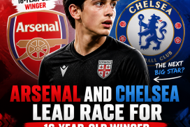 Two young soccer players compete on the field, representing Arsenal and Chelsea football clubs.