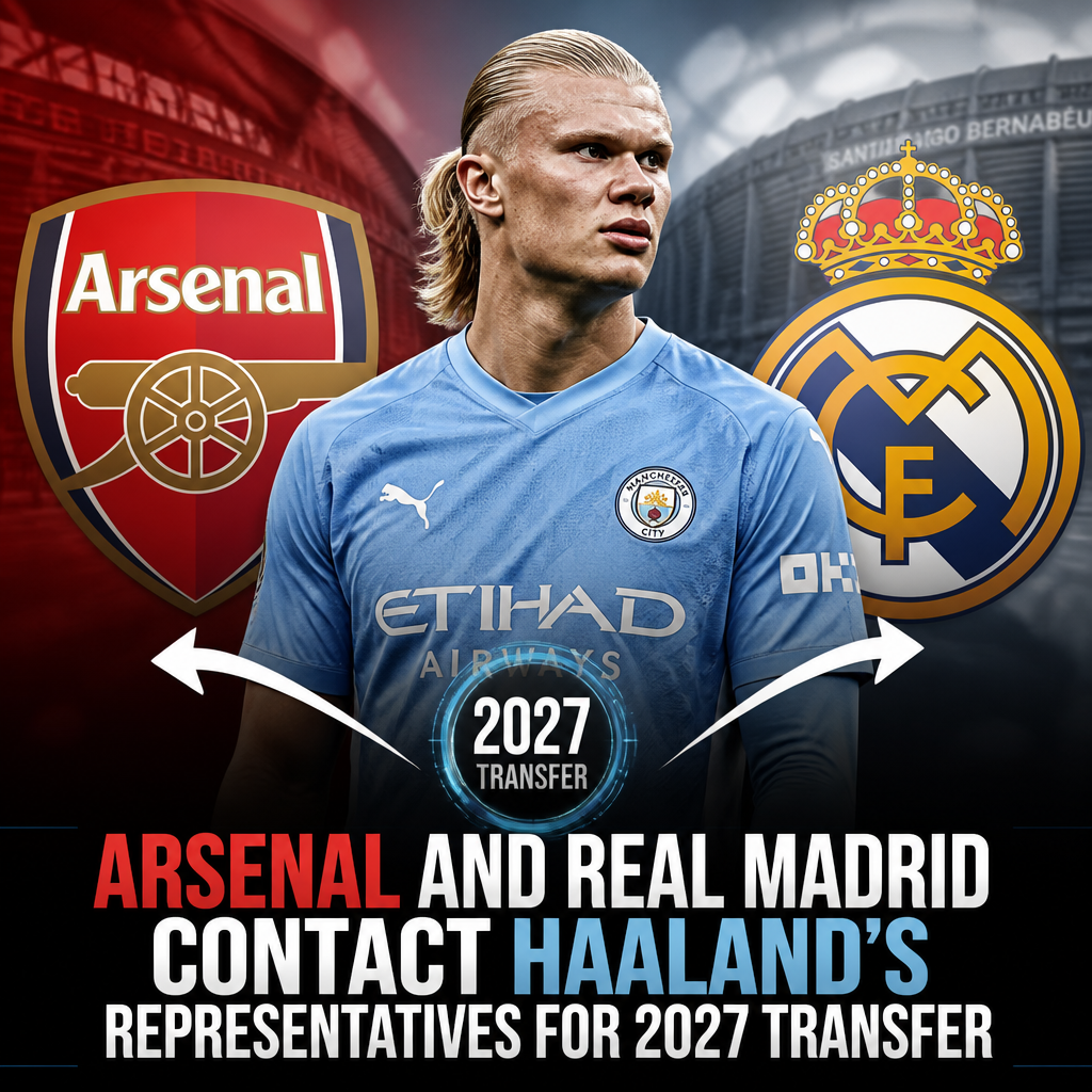 Erling Haaland in action, with Arsenal and Real Madrid logos suggesting transfer interest in 2027.