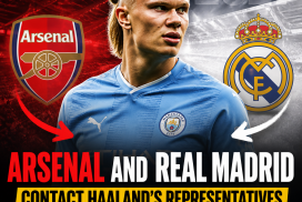 Erling Haaland poised between Arsenal and Real Madrid logos, symbolizing a possible 2027 transfer.