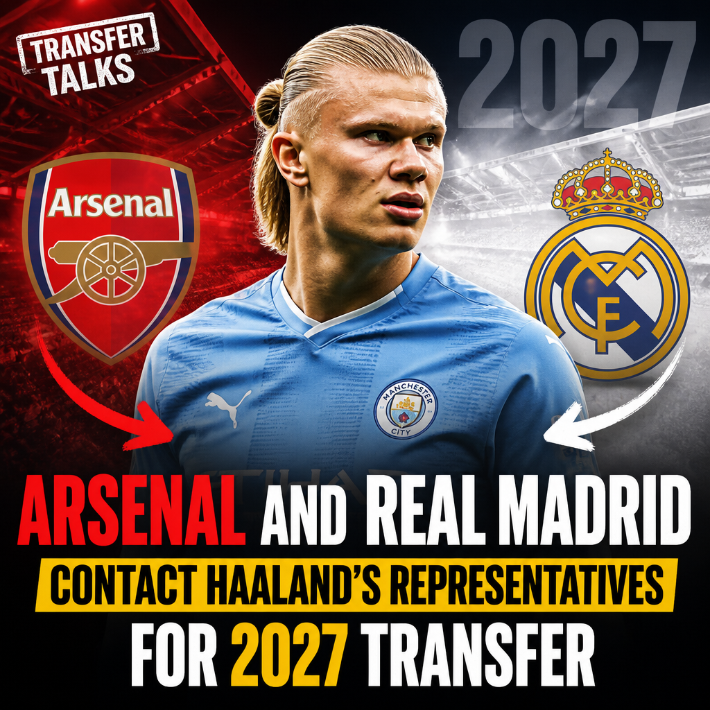 Erling Haaland poised between Arsenal and Real Madrid logos, symbolizing a possible 2027 transfer.