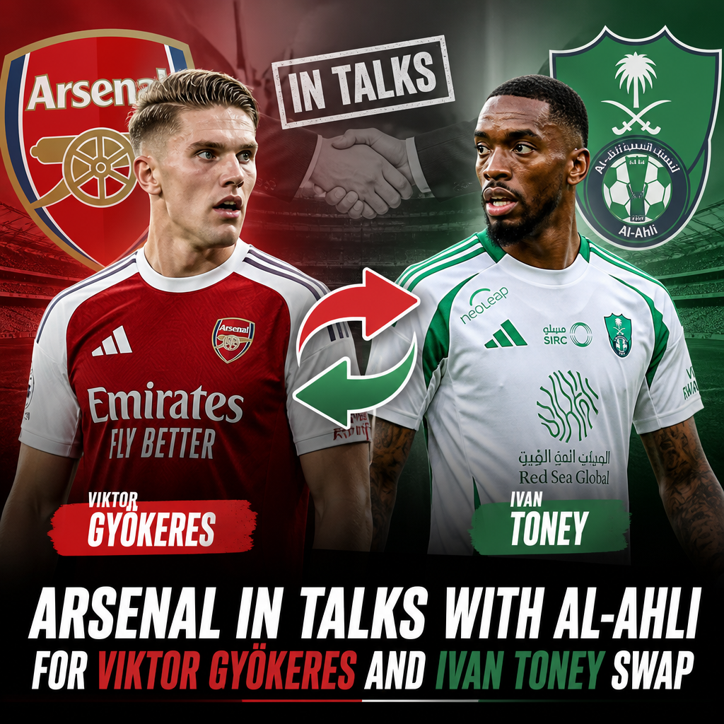 Arsenal and Al-Ahli officials shaking hands during negotiations for a player swap deal.