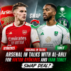Two soccer players, Viktor Gyökeres and Ivan Toney, facing each other with Arsenal and Al-Ahli logos behind them.