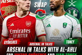 Two soccer players, Viktor Gyökeres and Ivan Toney, facing each other with Arsenal and Al-Ahli logos behind them.