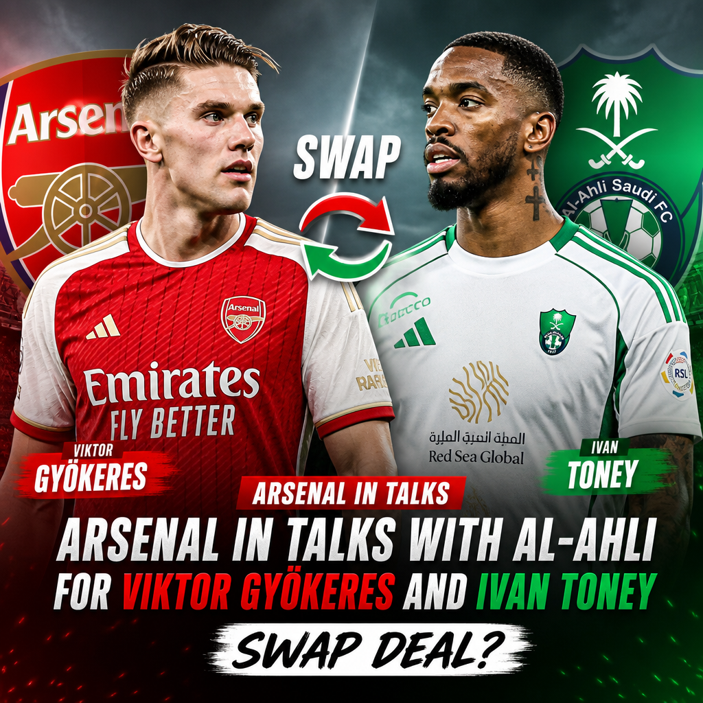 Two soccer players, Viktor Gyökeres and Ivan Toney, facing each other with Arsenal and Al-Ahli logos behind them.