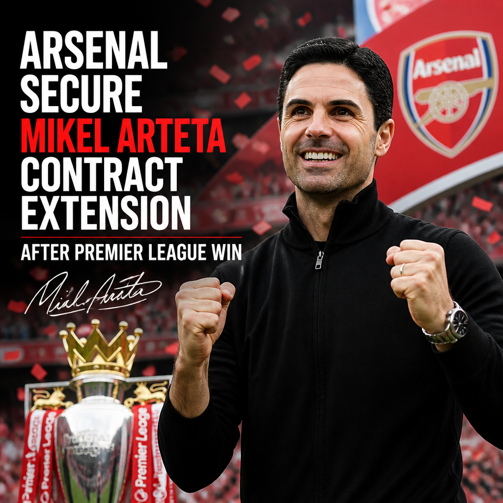 Mikel Arteta celebrating with Arsenal players after securing a contract extension following a Premier League win.