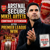 Mikel Arteta celebrating with Arsenal players after securing a contract extension following a Premier League win.