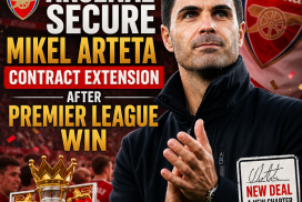 Mikel Arteta celebrating with Arsenal players after securing a contract extension following a Premier League win.
