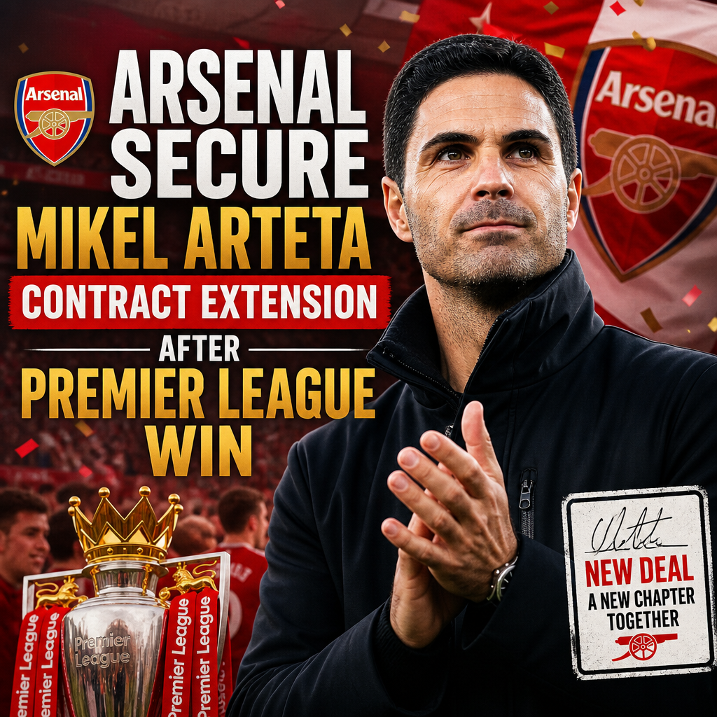 Mikel Arteta celebrating with Arsenal players after securing a contract extension following a Premier League win.