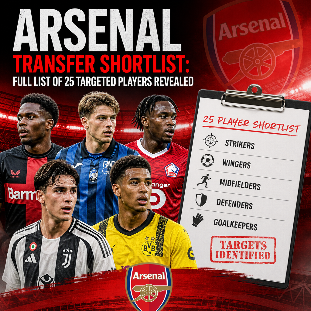 Chart listing Arsenal's 25 targeted transfer players by position: strikers, wingers, midfielders, defenders, and goalkeepers.