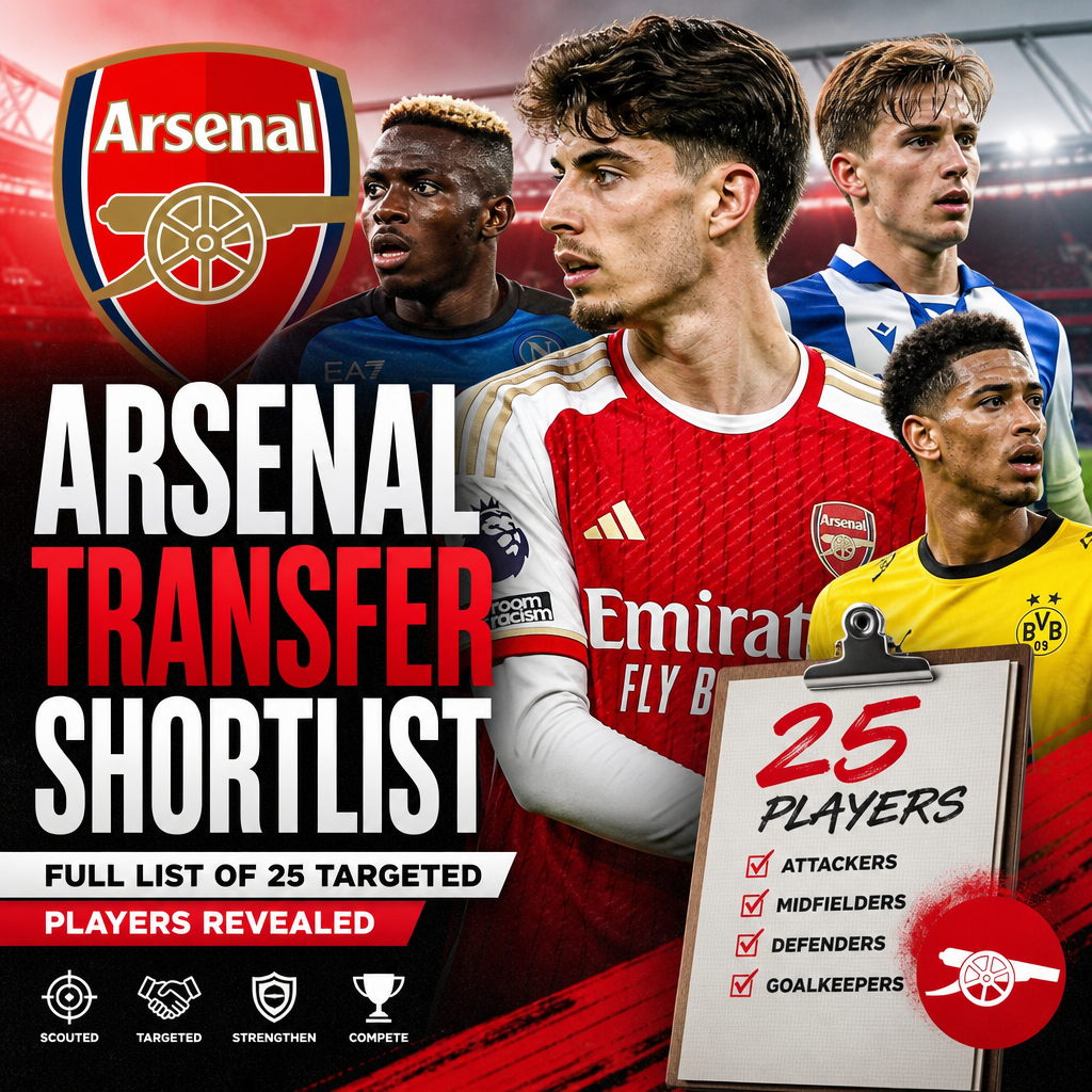 Chart showing Arsenal's transfer shortlist of 25 targeted players by position: attackers, midfielders, defenders, and goalkee