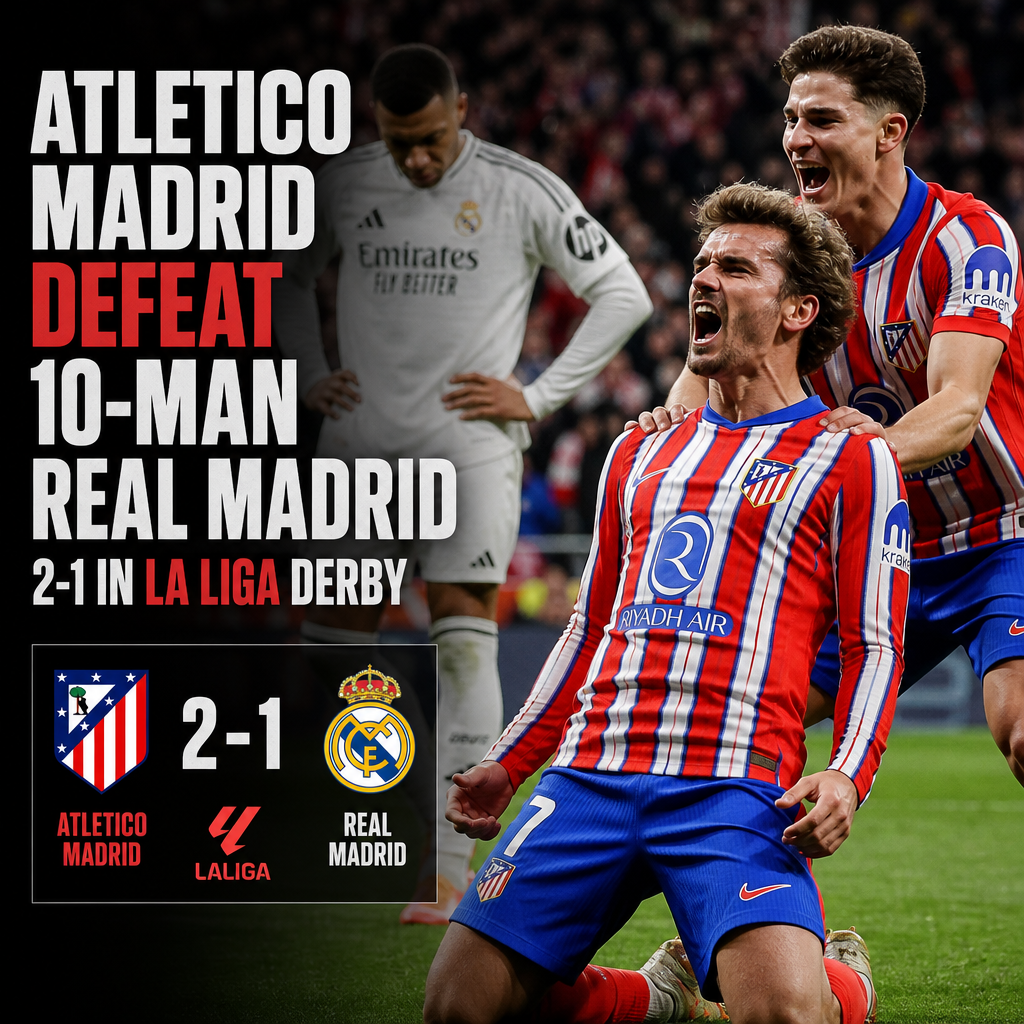 Atletico Madrid players celebrate their 2-1 victory over 10-man Real Madrid in a La Liga derby match.