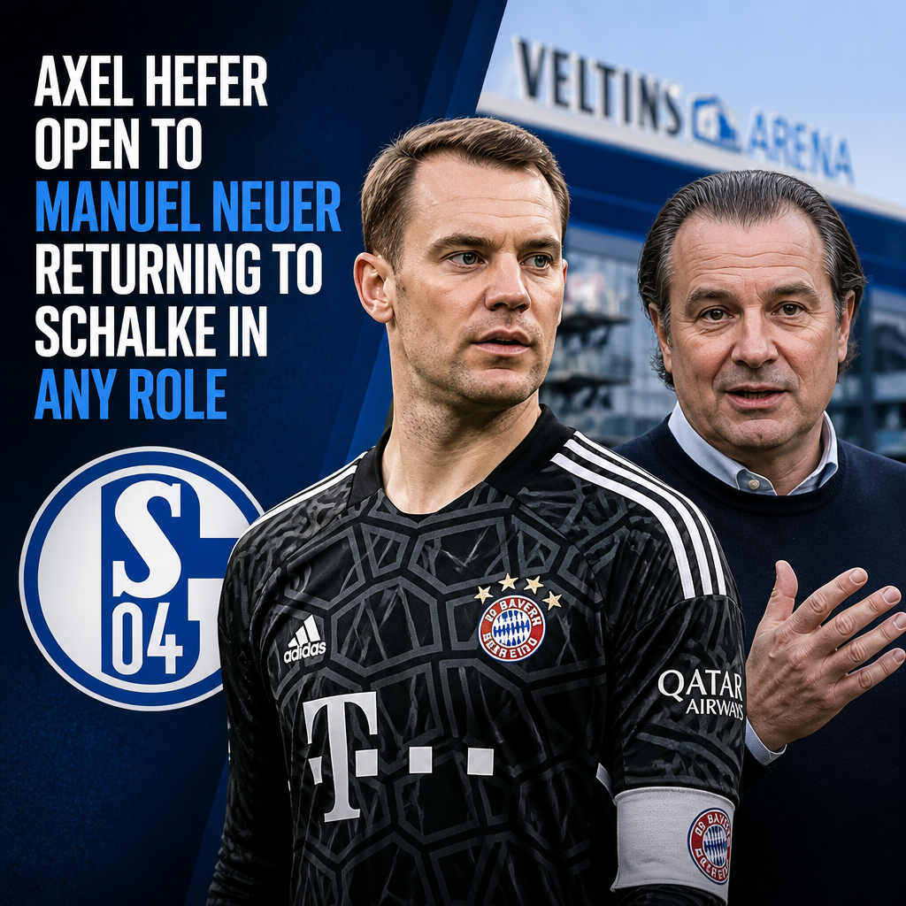 Axel Hefer speaking at a press conference, expressing openness to Manuel Neuer returning to Schalke 04.