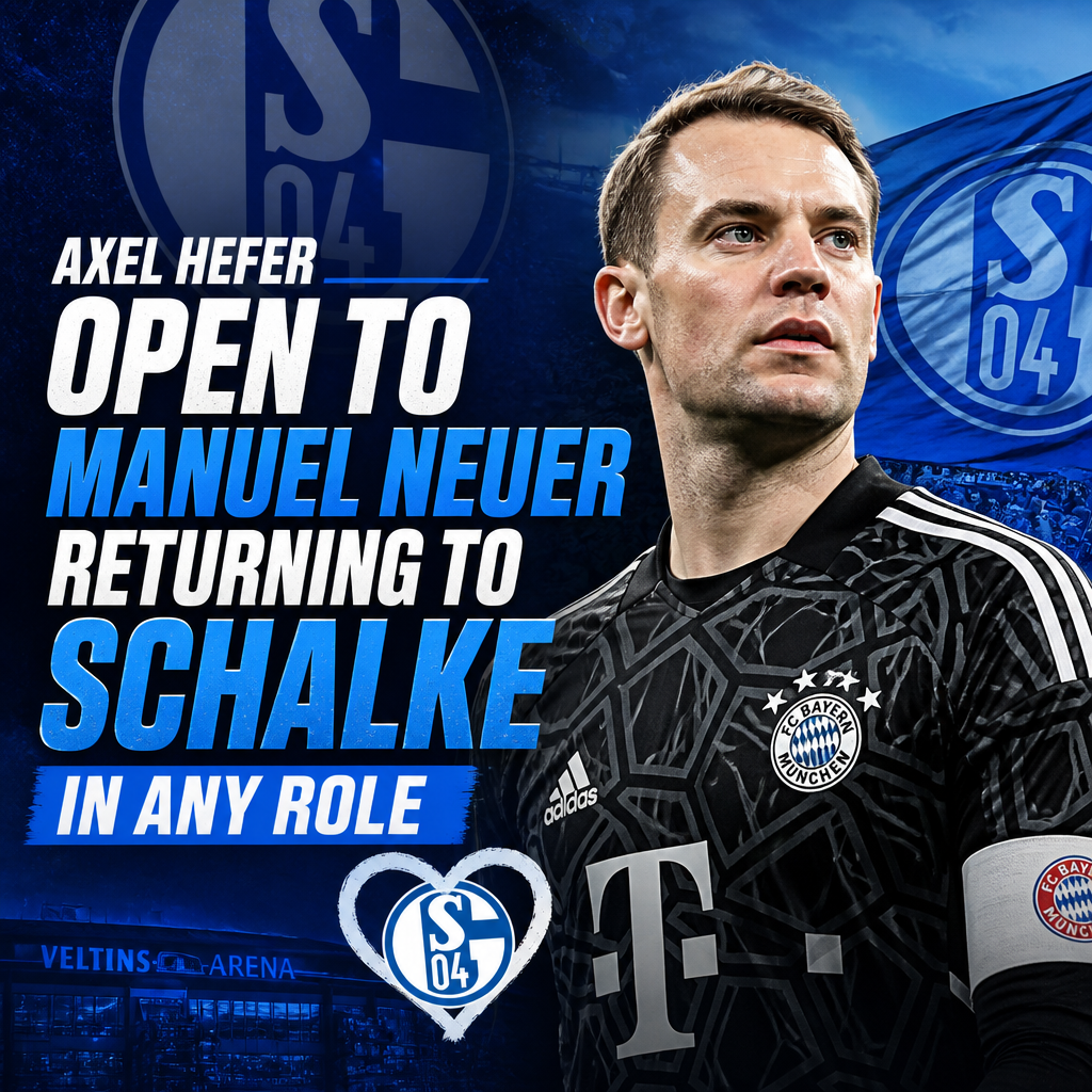 Axel Hefer speaking with a microphone, expressing openness to Manuel Neuer returning to Schalke in any role.