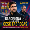 Portrait of Cesc Fàbregas with FC Barcelona badge, symbolizing his potential as long-term successor to Hansi Flick.