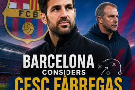 Portrait of Cesc Fàbregas with FC Barcelona badge, symbolizing his potential as long-term successor to Hansi Flick.