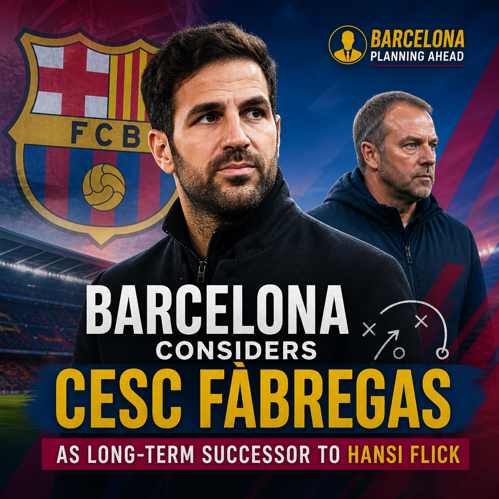 Portrait of Cesc Fàbregas with FC Barcelona badge, symbolizing his potential as long-term successor to Hansi Flick.