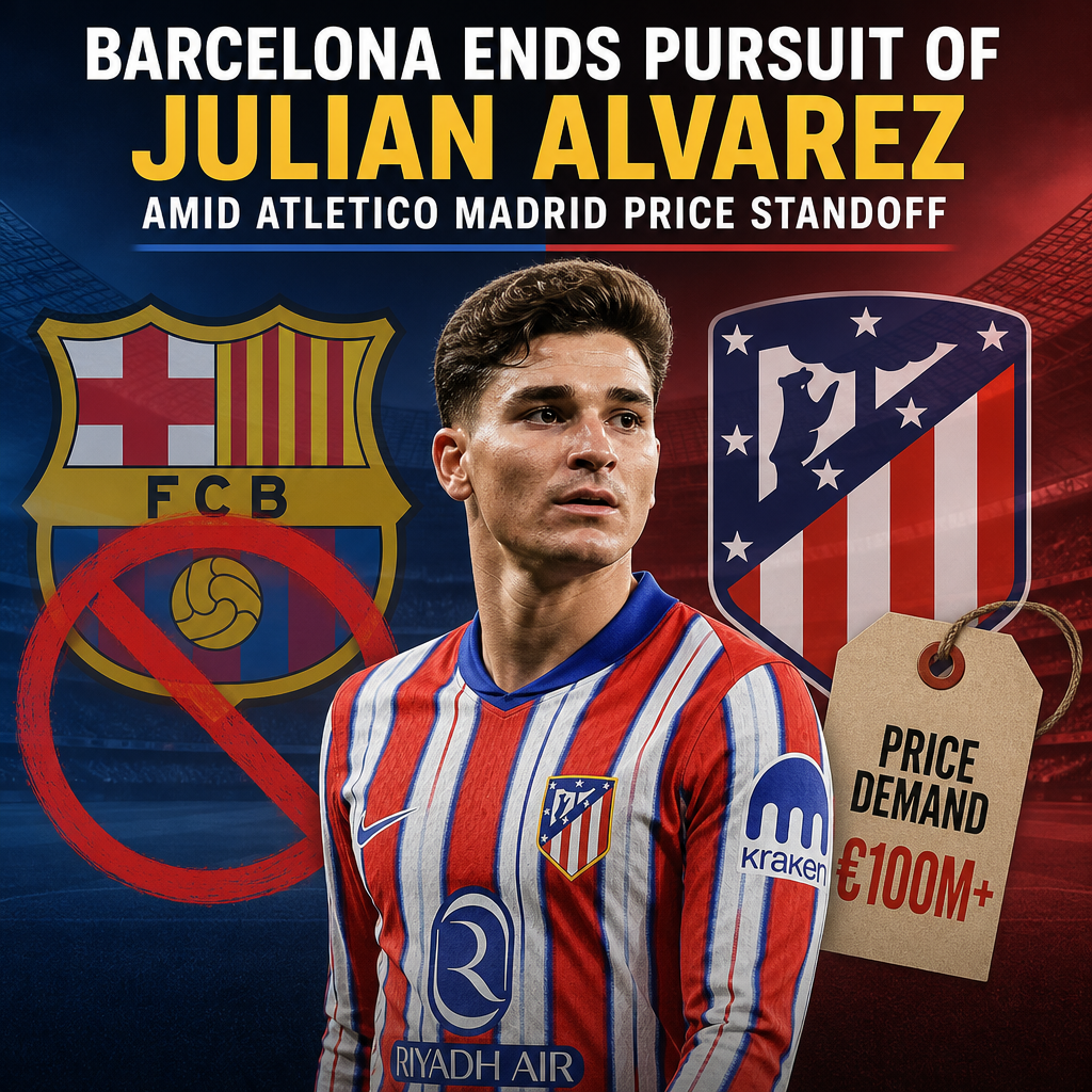 FC Barcelona's strategy board shows plan halted for Julian Alvarez amid steep Atletico Madrid price.