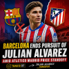 Julian Alvarez celebrating in a football match with Barcelona and Atletico Madrid logos in the background.