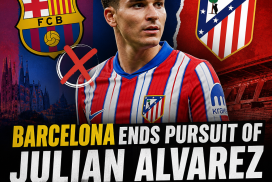 Julian Alvarez celebrating in a football match with Barcelona and Atletico Madrid logos in the background.