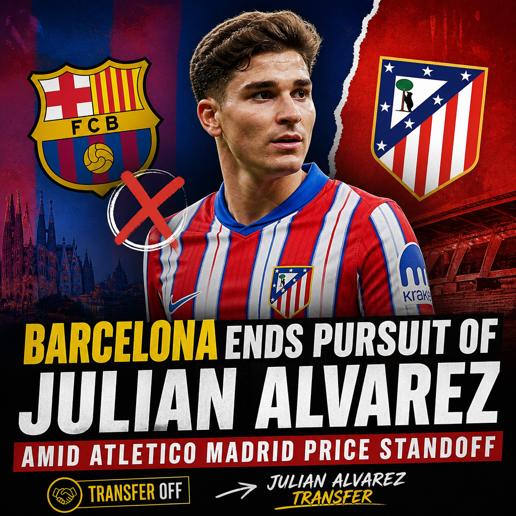 Julian Alvarez celebrating in a football match with Barcelona and Atletico Madrid logos in the background.