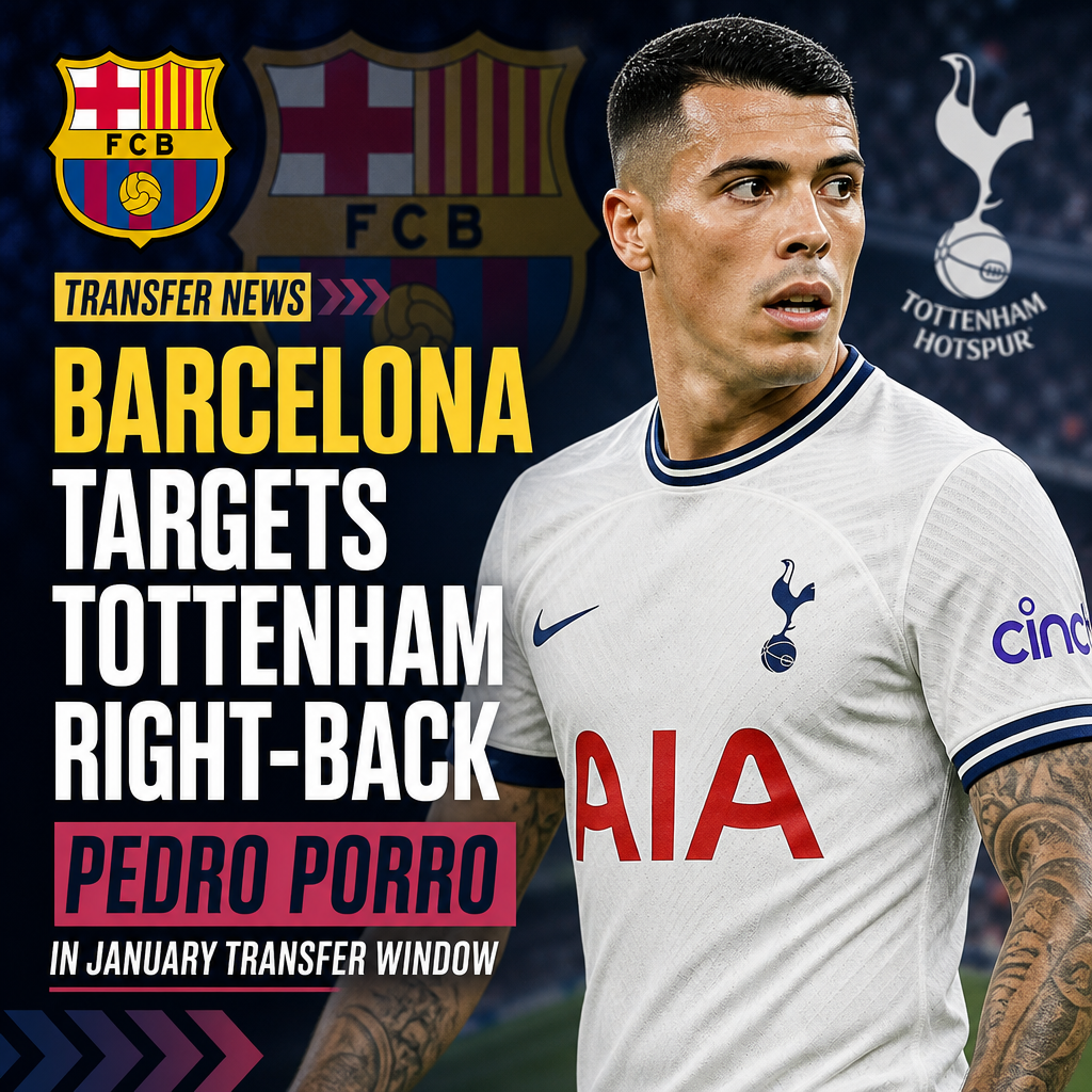 Barcelona and Tottenham players compete as Pedro Porro controls the ball during a match.