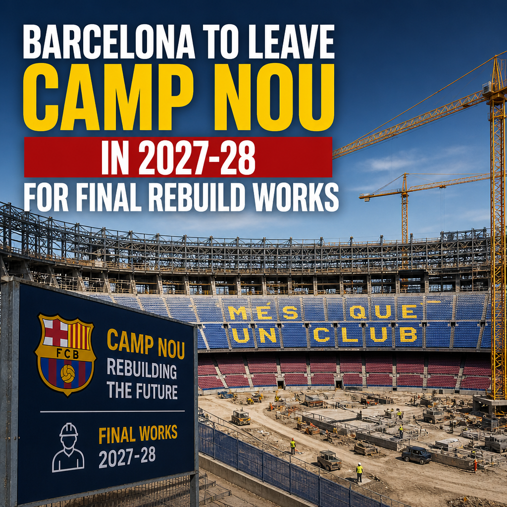 Aerial view of Barcelona's Camp Nou stadium surrounded by cityscape with construction plans for renovation.