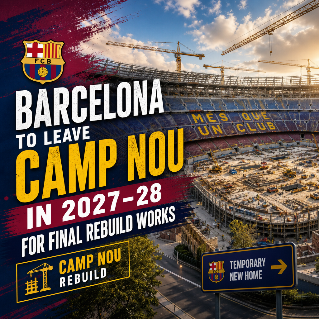 Aerial view of FC Barcelona's Camp Nou stadium surrounded by the cityscape.
