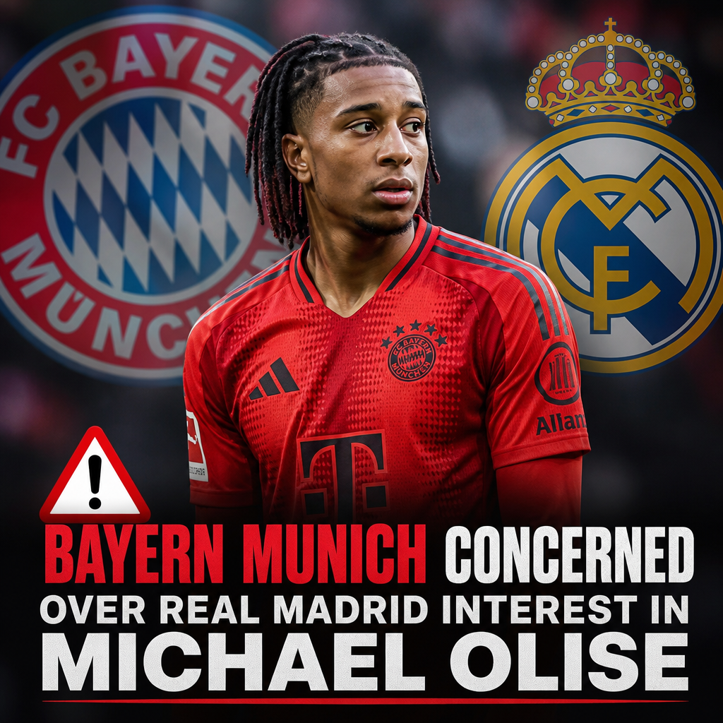Bayern Munich officials looking concerned during a discussion, highlighting Real Madrid's interest in Michael Olise.