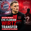 Florian Wirtz playing soccer, with Bayern Munich and Liverpool logos indicating transfer interest.
