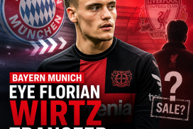 Florian Wirtz playing soccer, with Bayern Munich and Liverpool logos indicating transfer interest.
