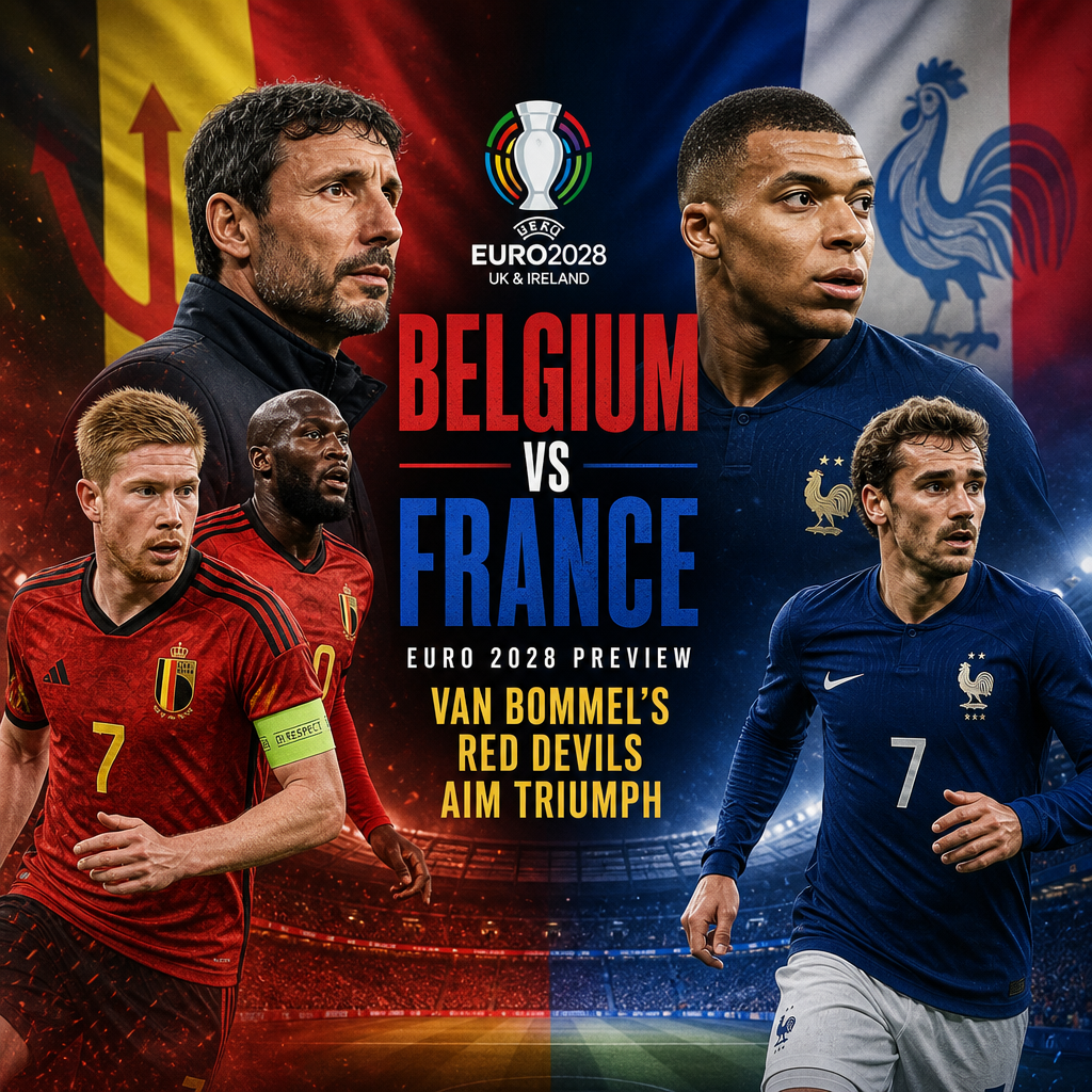 Belgium and France football players and coaches face off in a Euro 2028 match preview graphic.