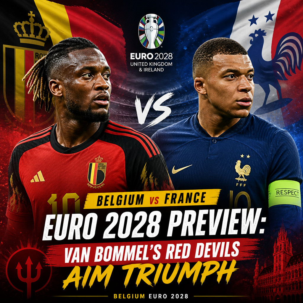 Belgium and France football players face off, highlighting the intense rivalry ahead of Euro 2028 match.